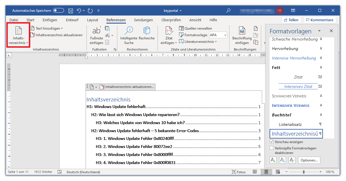 Automatic Table of Contents Word Layouts