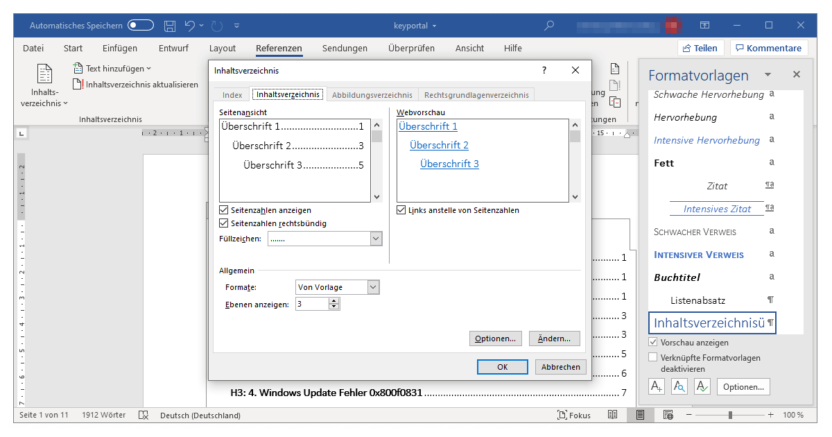 Create and update an automatic table of contents in Word